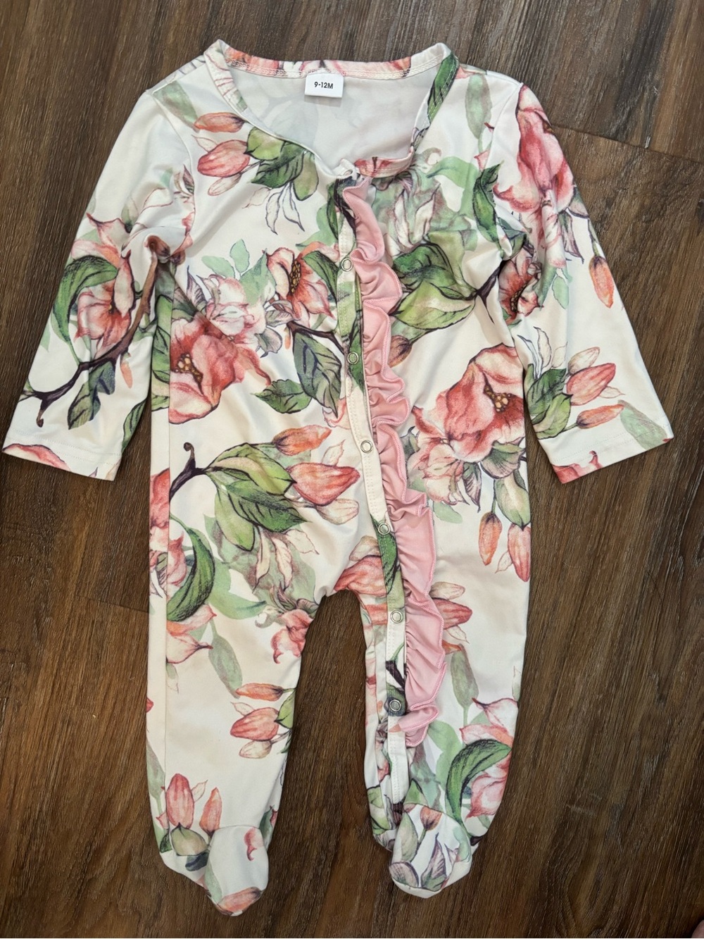 No brand Pink & Green Floral Ruffle Footed One-Piece 9-12m